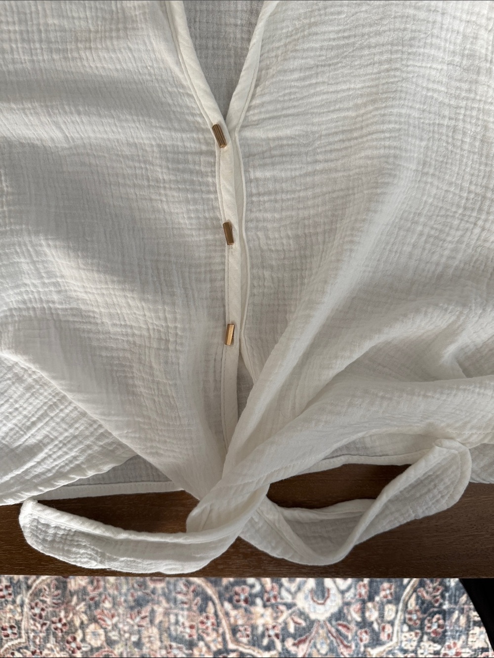 Cropped Textured Button-Front Tie Top in White - Picture 6 of 8